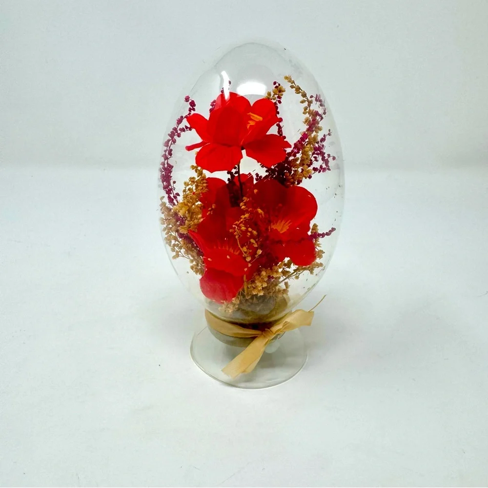 Vintage 1970s Floral Glass Egg Diorama Red Boho Hibiscus Flowers